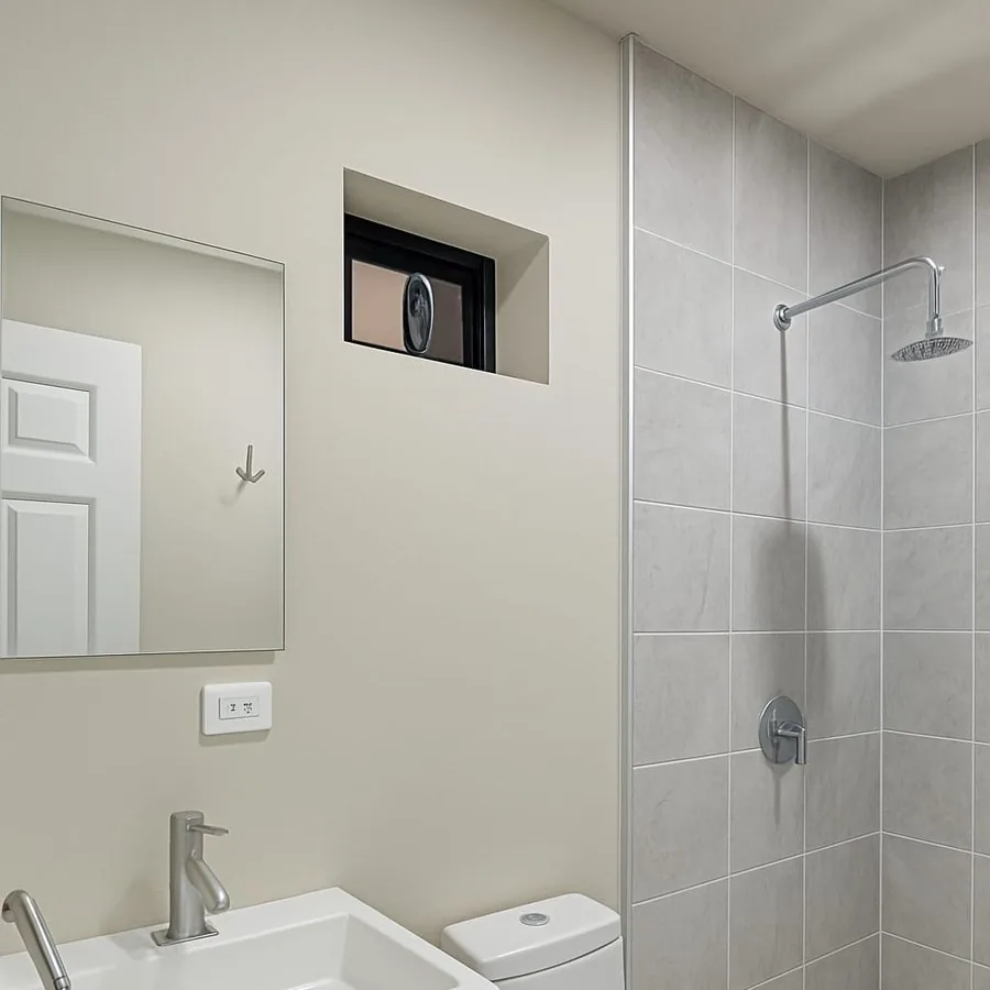 Baño residencial completo con cancelería y grifería contemporánea